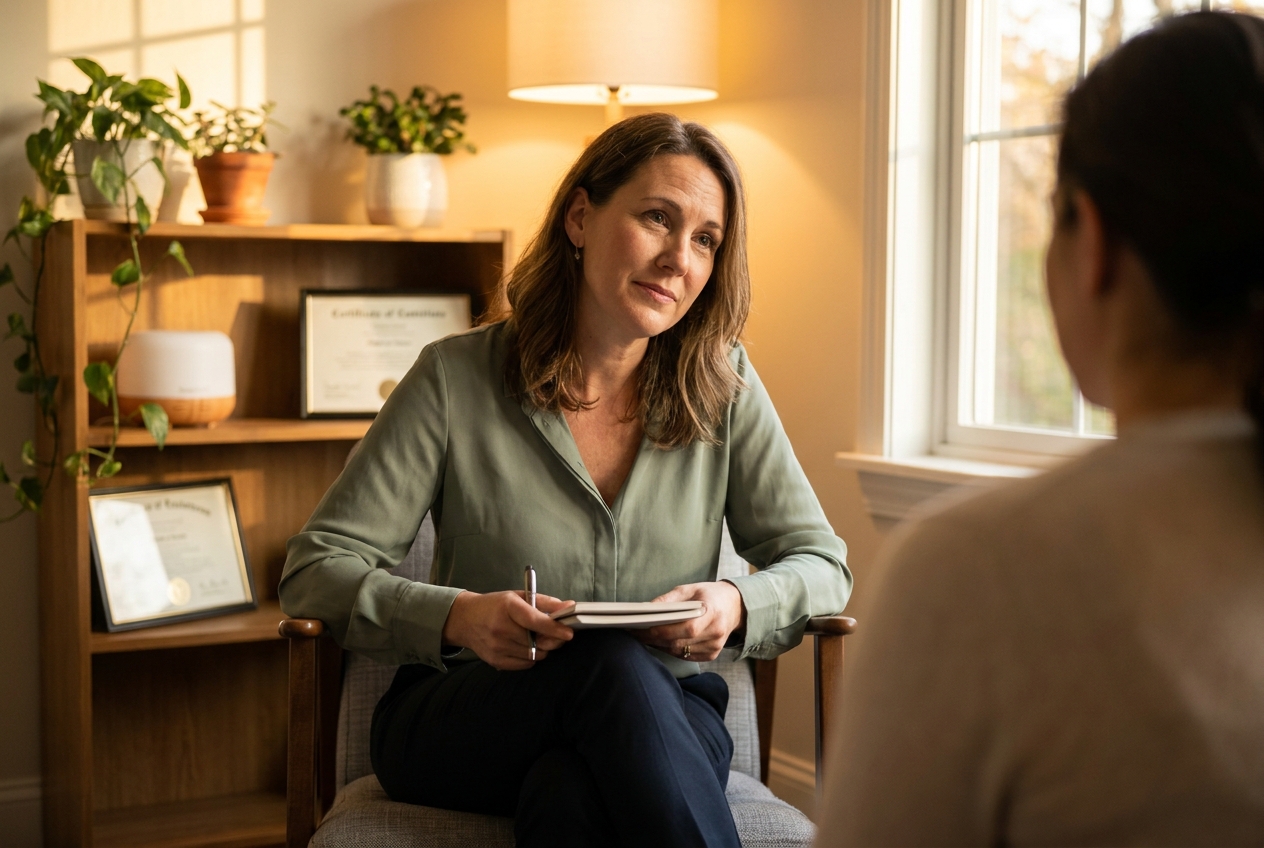 A licensed female ADHD therapist in a warm, welcoming office